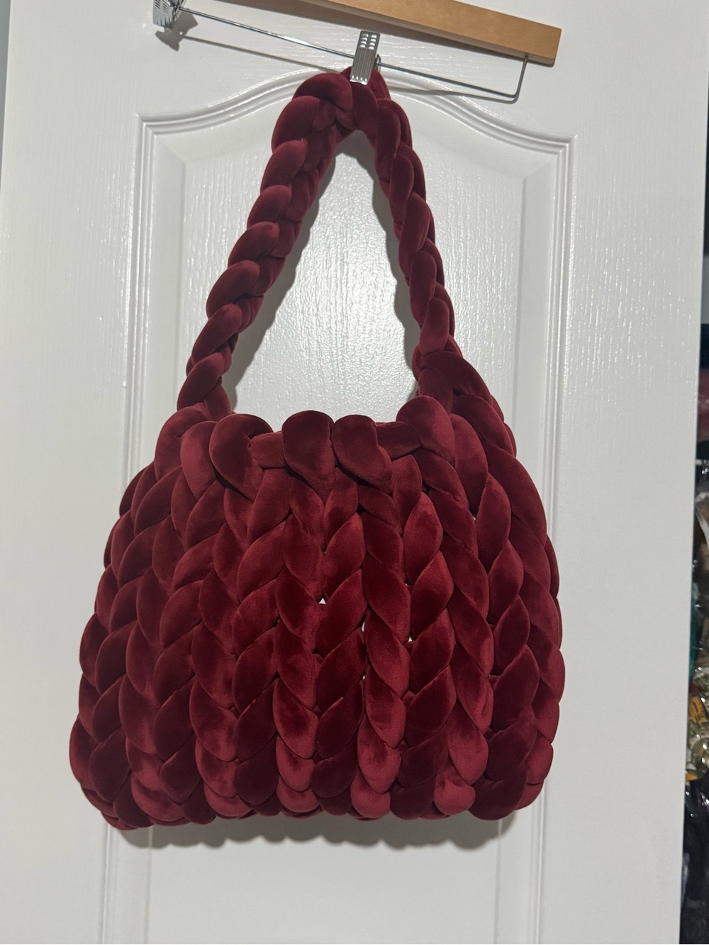 New Handmade Plush Chunky Braided Trendy Velvet Shoulder Bag - Burgundy
